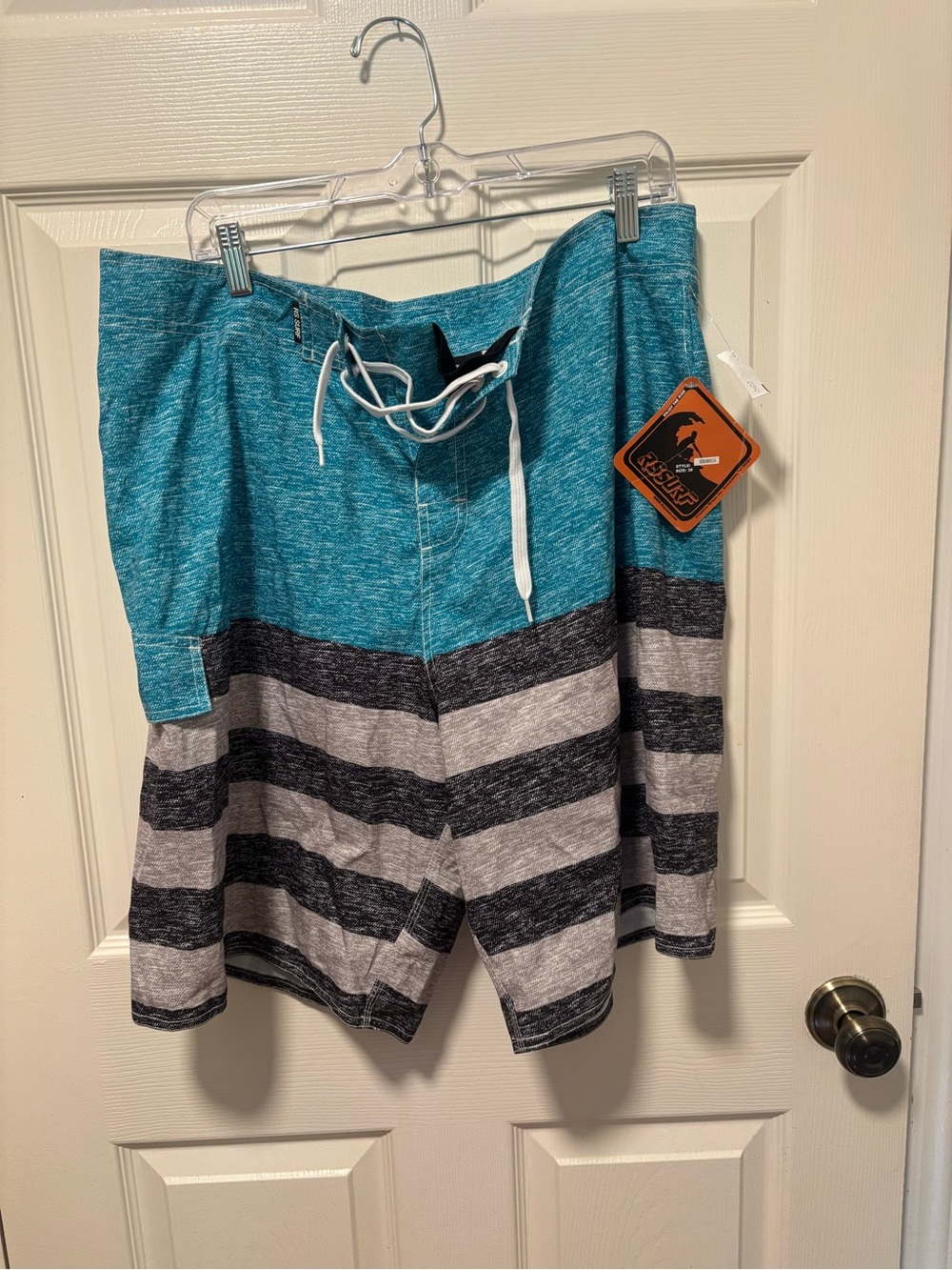 Men's Teal and Gray Striped Swim Trunks Size 38